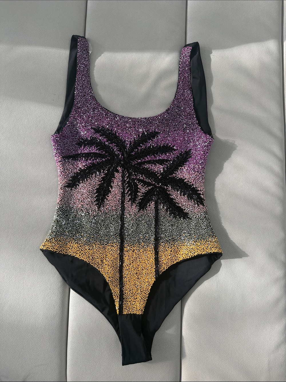 Palm Dusk Scoop Swimsuit Black Palm Tree - Green Ombre XS NWT $512